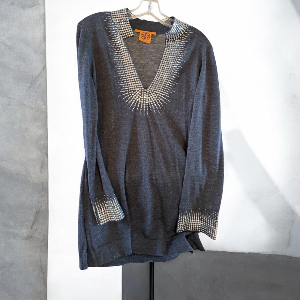 Tory Burch Charcoal V-Neck Tunic with Crystal Accent Size Medium